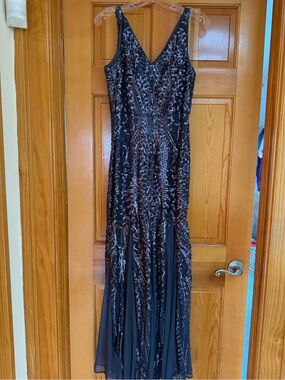V-Neck Blue Sequin Evening Gown